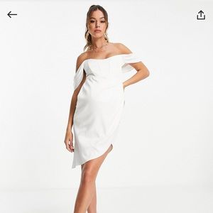 Jaded Rose Maternity Off Shoulder Corset Mini Dress in Ivory Satin
